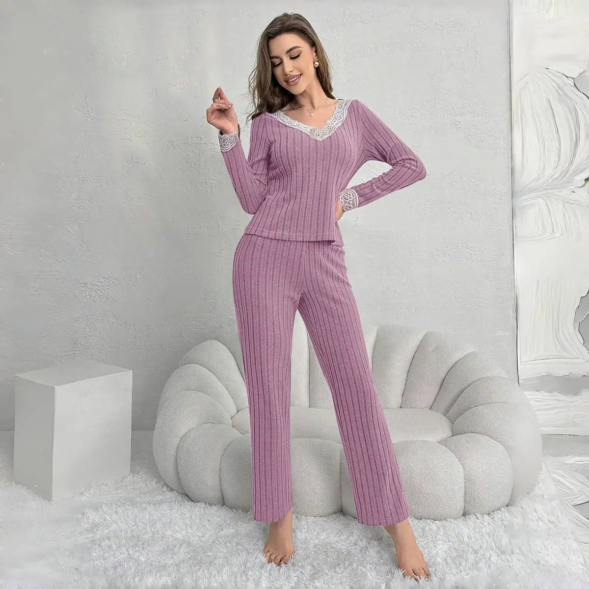 Herbst- und Winter Damenpyjamas Elegantes V-Ausschnitt