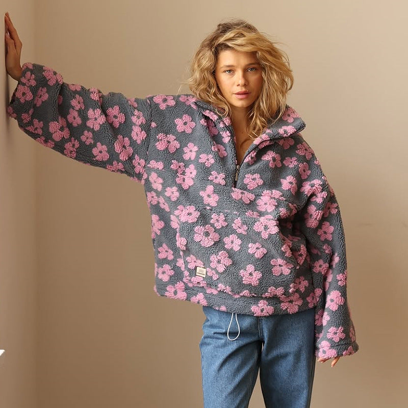 Tania – Langärmeliger Vlies Pullover Mit Blumen Muster