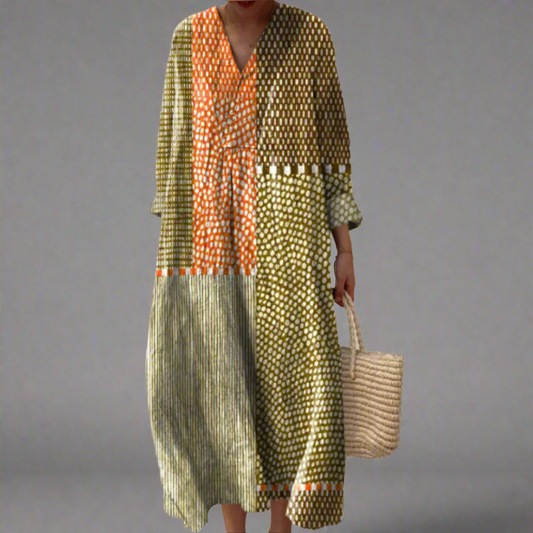 Vivienne™ | Erdfarbenes Patchwork-Punktmuster-Midi-Kleid
