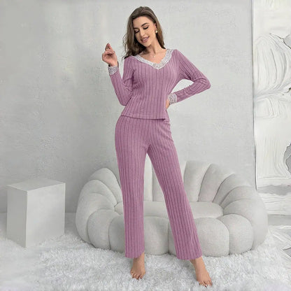 Herbst- und Winter Damenpyjamas Elegantes V-Ausschnitt
